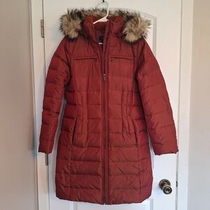 Lands' End Women's Brick Red Puffer Coat with Faux Fur Hood